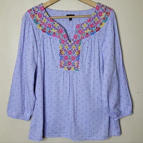 Talbots Floral Embroidered Chambray Blouse Size L - Picture 3 of 8